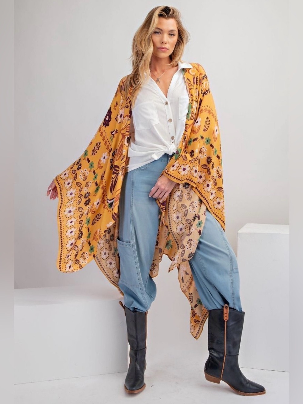 NWOT EASEL Mustard Floral Kimono Wrap Size Small